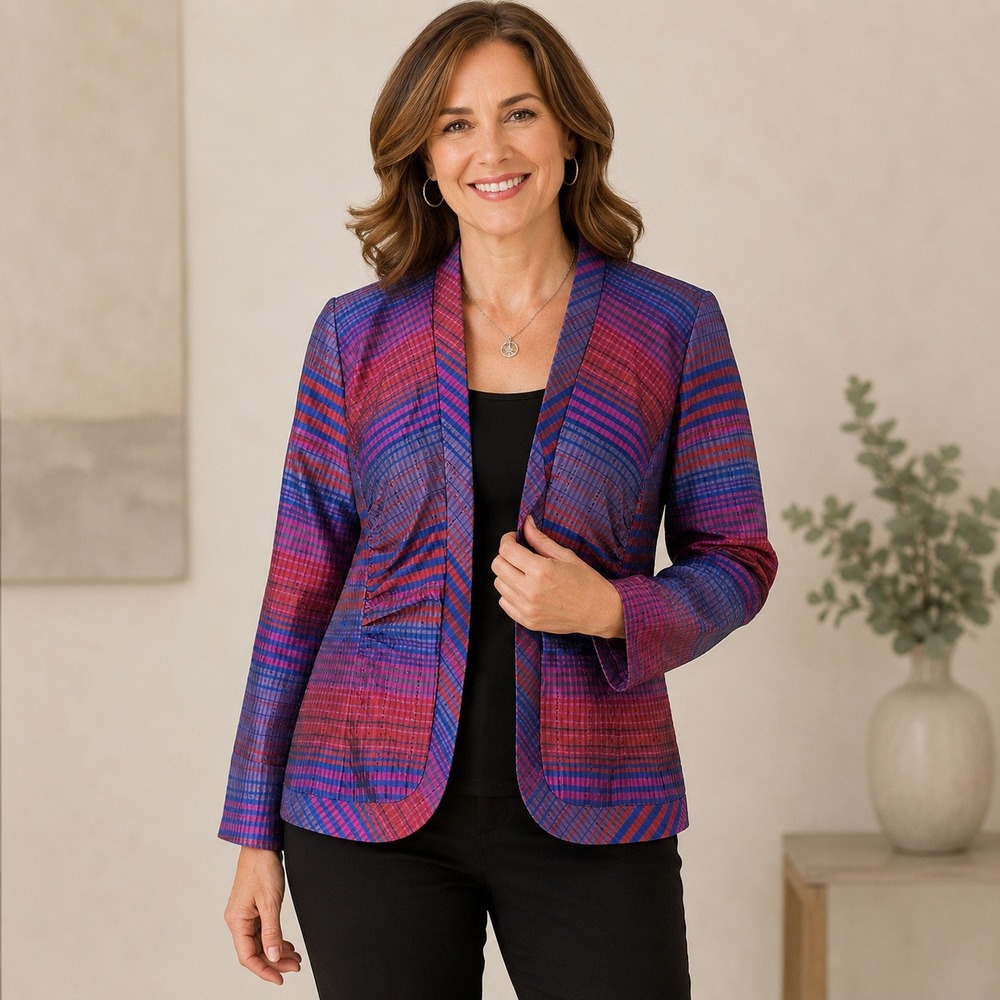 Coldwater Creek Silk Blend Plaid Jacket PL Ruched Zip Blazer Career Art to Wear